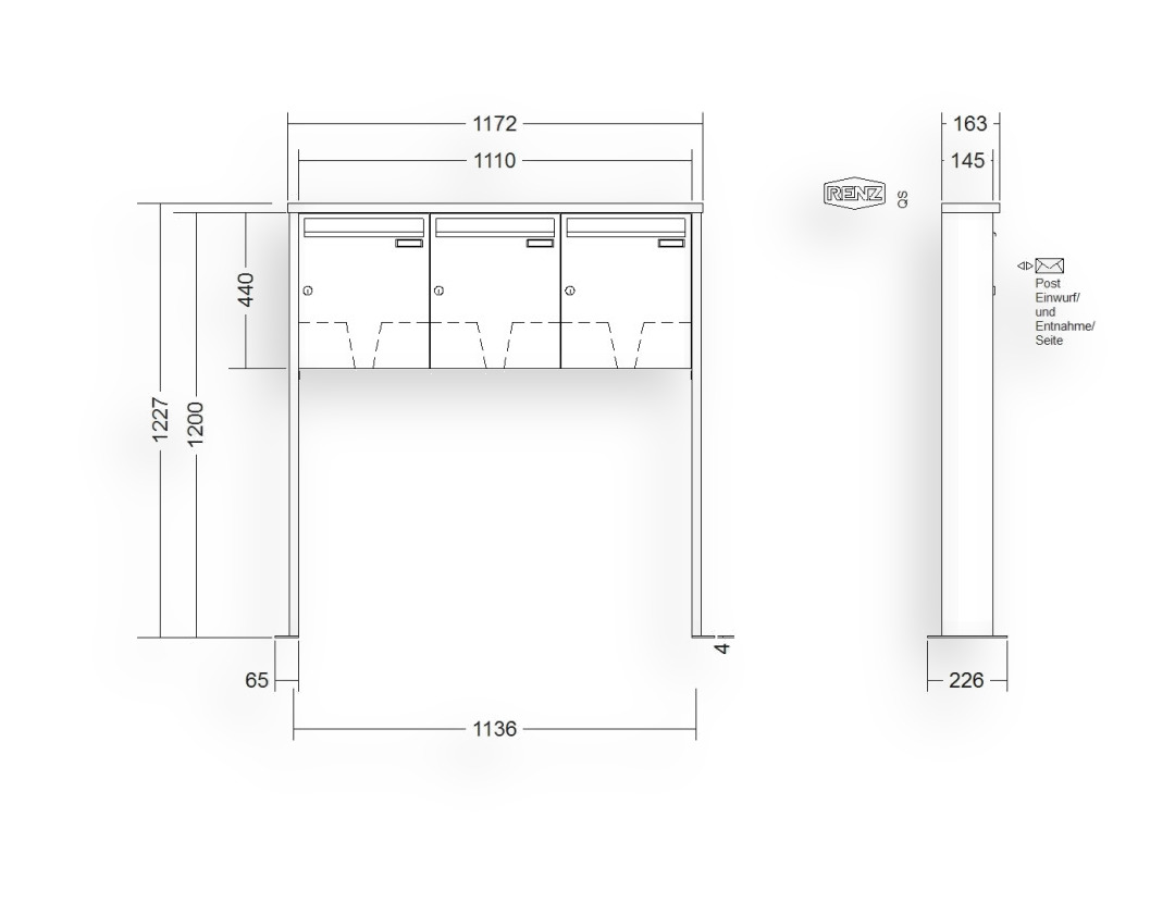 RENZ Briefkastenanlage freistehend · 3-teilig 370 × 440 × 145 mm Tetro lackiert mit Fußplatten RENZ Briefkastenanlage freistehend · 3-teilig 370 × 440 × 145 mm Tetro lackiert mit Fußplatten