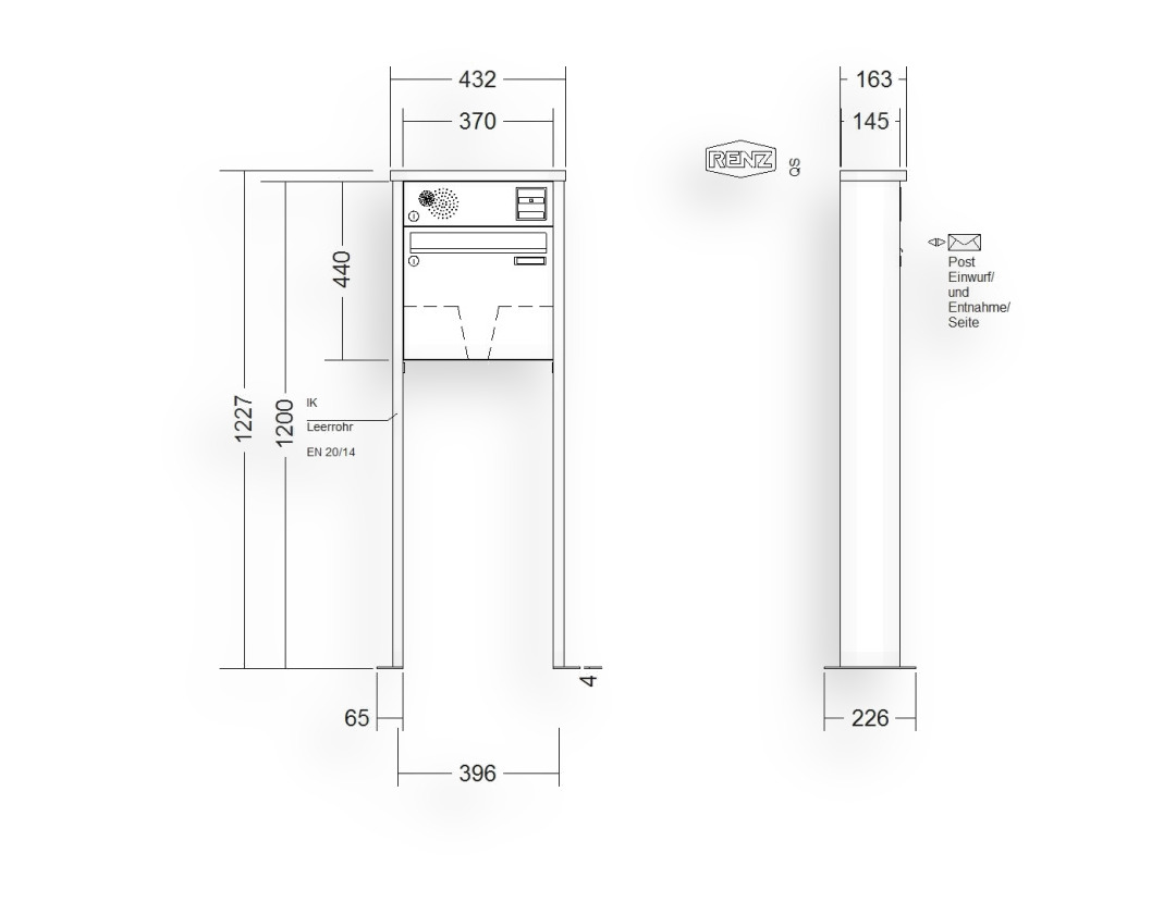 RENZ Briefkastenanlage freistehend · 1-teilig Installationskasten oben 370 × 330 × 145 mm Tetro lackiert mit Fuß
