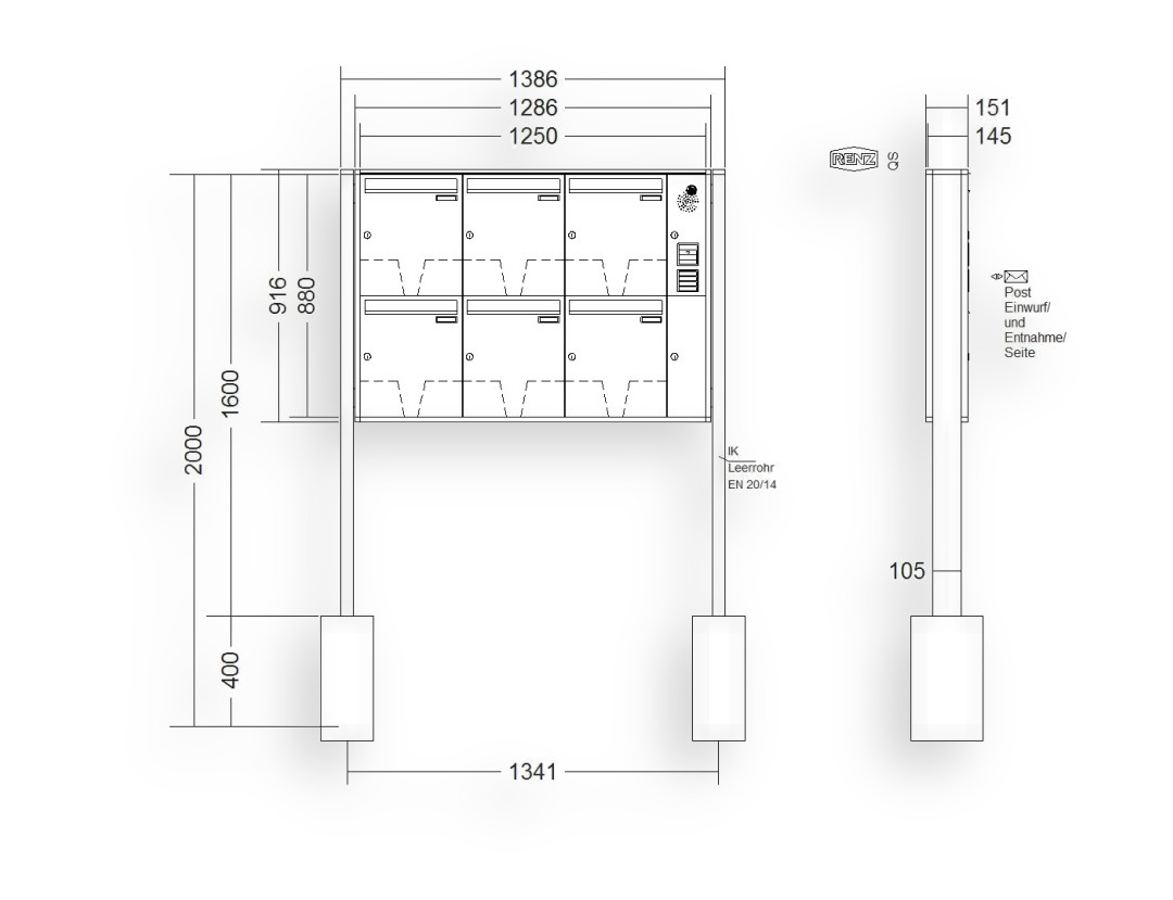 RENZ Briefkastenanlage freistehend · 6-teilig Installationskasten rechts 370 × 440 × 145 mm QUADRA lackiert RENZ Briefkastenanlage freistehend · 6-teilig Installationskasten rechts 370 × 440 × 145 mm QUADRA lackiert