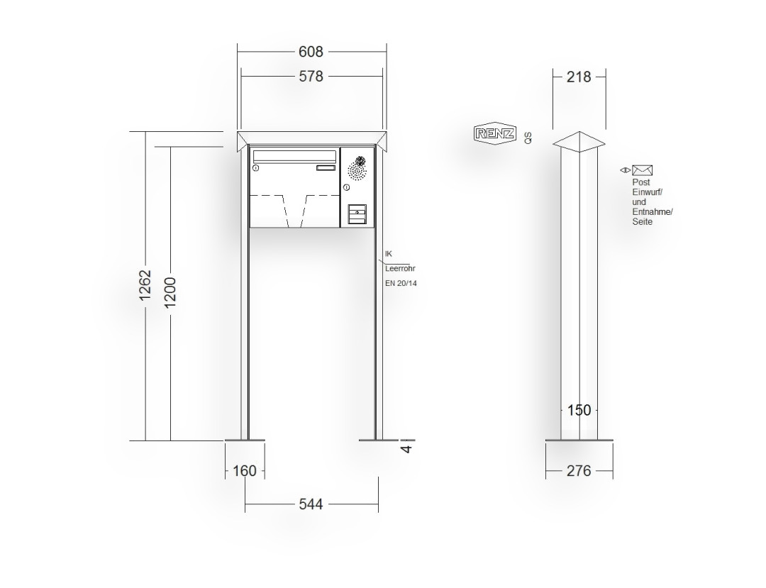 RENZ Briefkastenanlage freistehend · 1-teilig Installationskasten rechts 370 × 330 × 100 mm Prisma lackiert mit Fuß RENZ Briefkastenanlage freistehend · 1-teilig Installationskasten rechts 370 × 330 × 100 mm Prisma lackiert mit Fuß