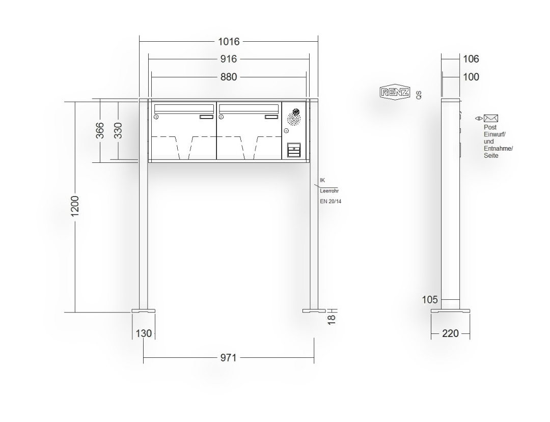 RENZ Briefkastenanlage freistehend · 2-teilig Installationskasten rechts 370 × 330 × 100 mm QUADRA lackiert mit Fußp RENZ Briefkastenanlage freistehend · 2-teilig Installationskasten rechts 370 × 330 × 100 mm QUADRA lackiert mit Fu