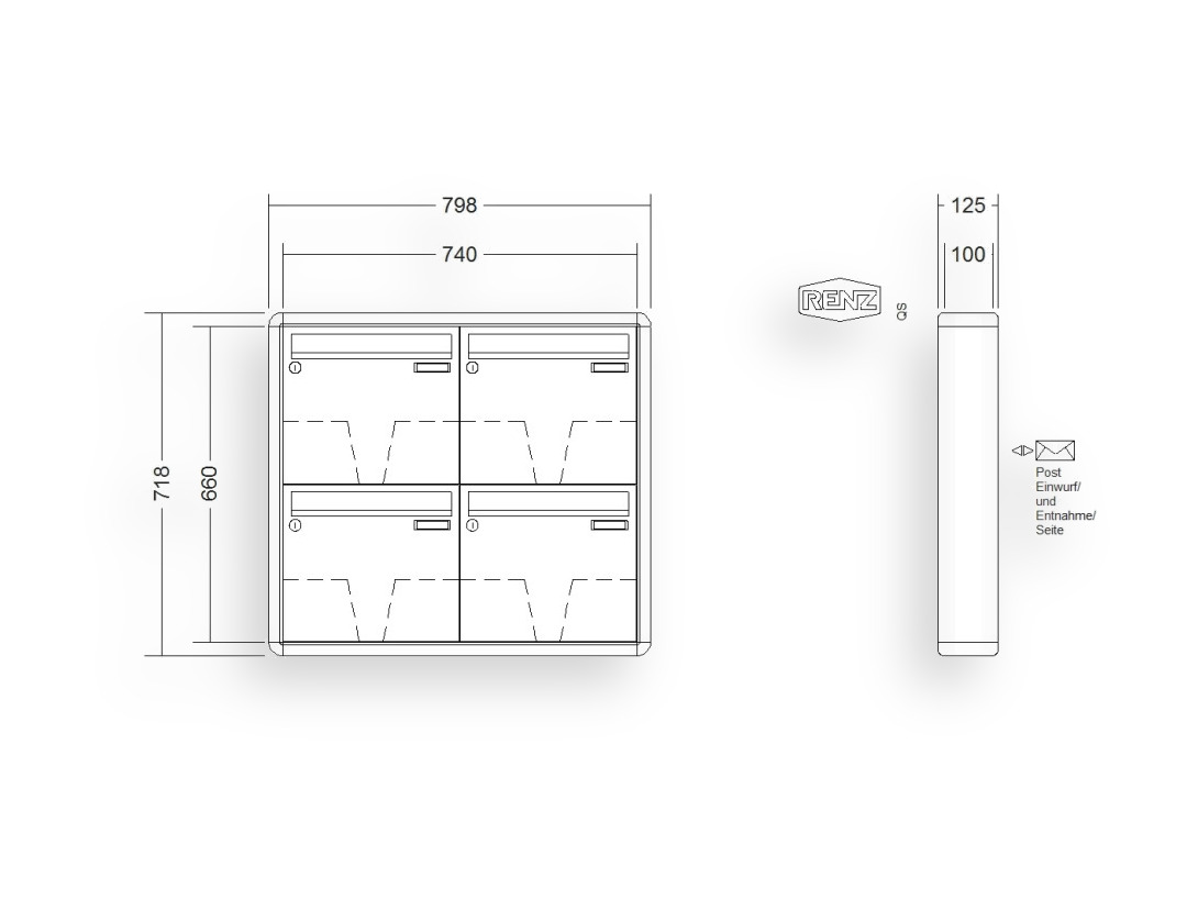 RENZ Briefkastenanlage Aufputz · 4-teilig 370 × 330 × 100 mm RS 2000 lackiert RENZ Briefkastenanlage Aufputz · 4-teilig 370 × 330 × 100 mm RS 2000 lackiert