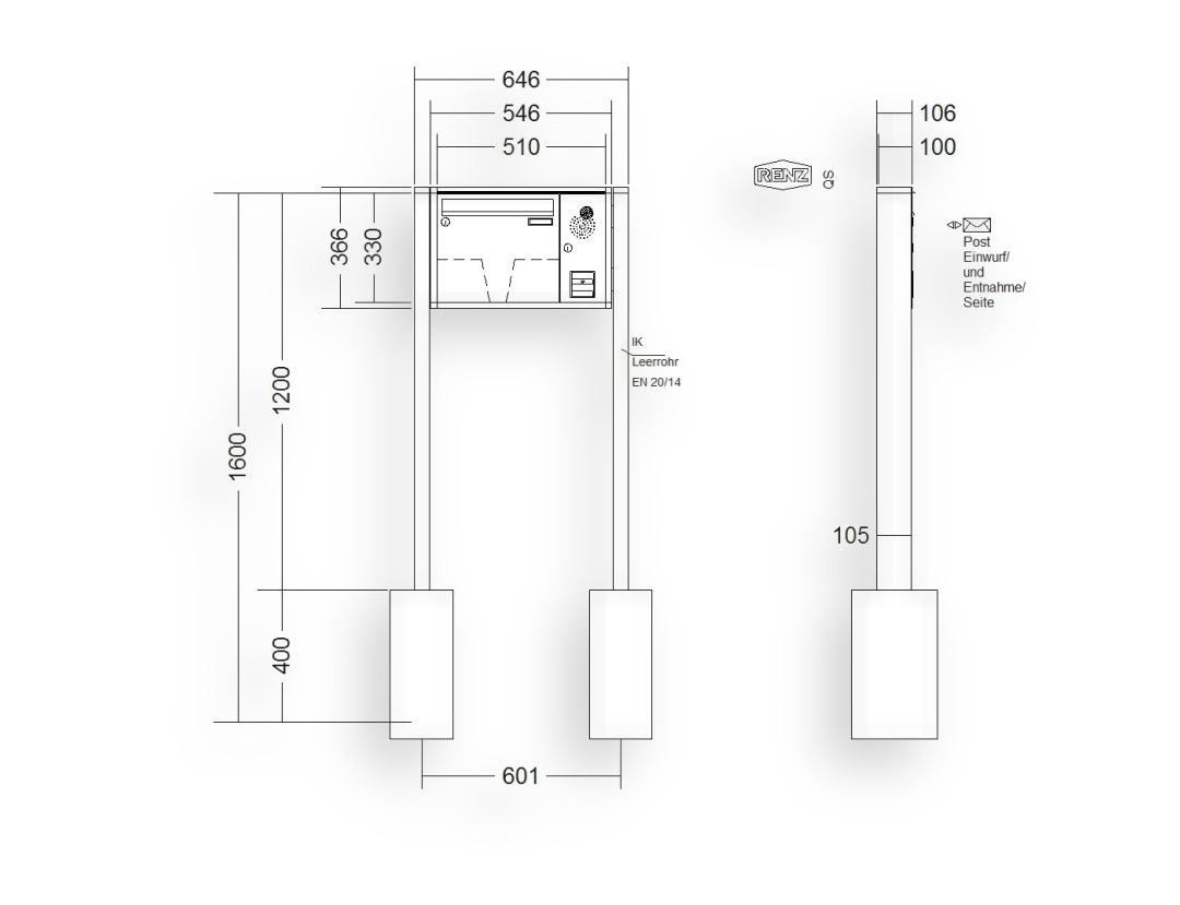 RENZ Briefkastenanlage freistehend · 1-teilig Installationskasten rechts 370 × 330 × 100 mm QUADRA lackiert
