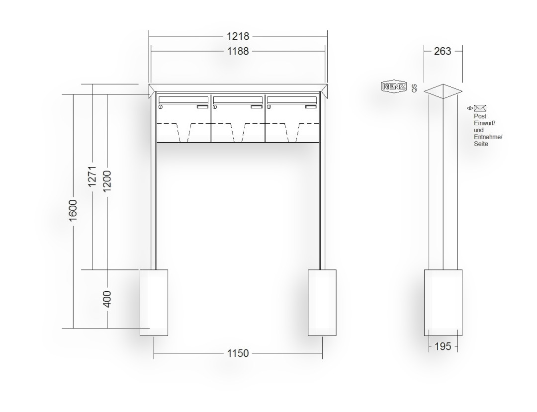 RENZ Briefkastenanlage freistehend · 3-teilig 370 × 330 × 145 mm Edelstahl Prisma RENZ Briefkastenanlage freistehend · 3-teilig 370 × 330 × 145 mm Edelstahl Prisma