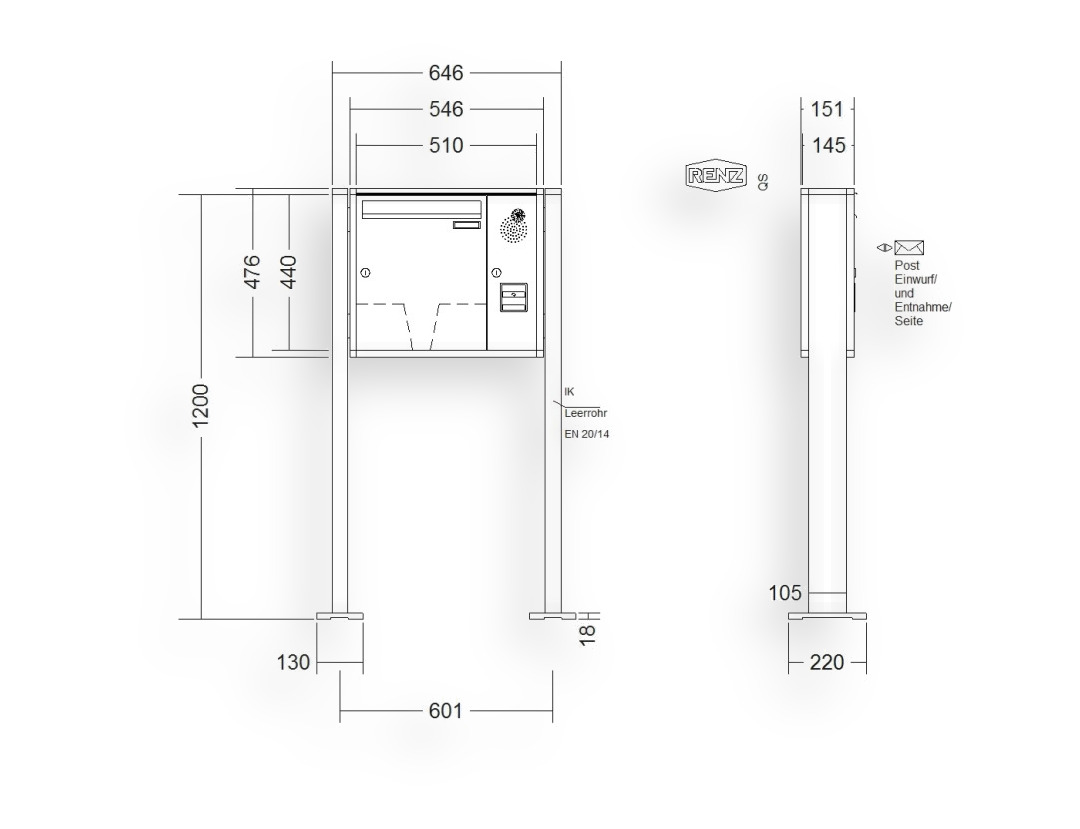 RENZ Briefkastenanlage freistehend · 1-teilig Installationskasten rechts 370 × 440 × 145 mm QUADRA lackiert mit Fuß RENZ Briefkastenanlage freistehend · 1-teilig Installationskasten rechts 370 × 440 × 145 mm QUADRA lackiert mit Fuß