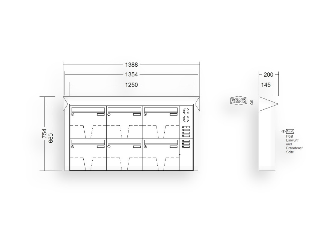 RENZ Briefkastenanlage Aufputz · 6-teilig Installationskasten rechts 370 × 330 × 145 mm Edelstahl Prisma RENZ Briefkastenanlage Aufputz · 6-teilig Installationskasten rechts 370 × 330 × 145 mm Edelstahl Prisma