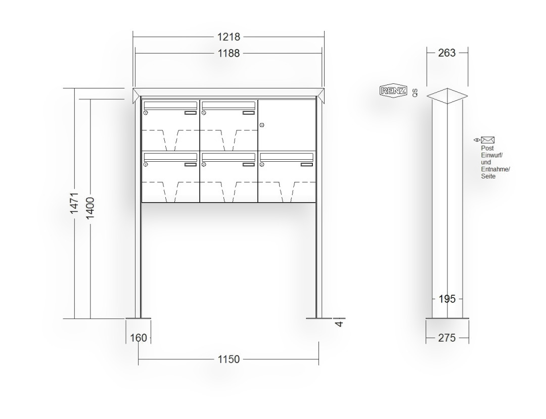 RENZ Briefkastenanlage freistehend · 5-teilig 370 × 330 × 145 mm Edelstahl Prisma mit Fußplatten RENZ Briefkastenanlage freistehend · 5-teilig 370 × 330 × 145 mm Edelstahl Prisma mit Fußplatten