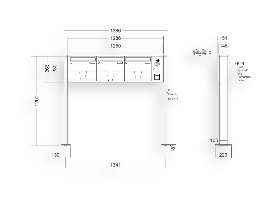RENZ Briefkastenanlage freistehend · 3-teilig Installationskasten rechts 370 × 330 × 145 mm QUADRA lackiert mit Fußp RENZ Briefkastenanlage freistehend · 3-teilig Installationskasten rechts 370 × 330 × 145 mm QUADRA lackiert mit Fu