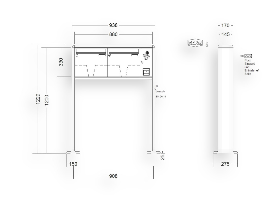 RENZ Briefkastenanlage freistehend · 2-teilig Installationskasten rechts 370 × 330 × 145 mm RS 2000 lackiert mit Fuß RENZ Briefkastenanlage freistehend · 2-teilig Installationskasten rechts 370 × 330 × 145 mm RS 2000 lackiert mit F