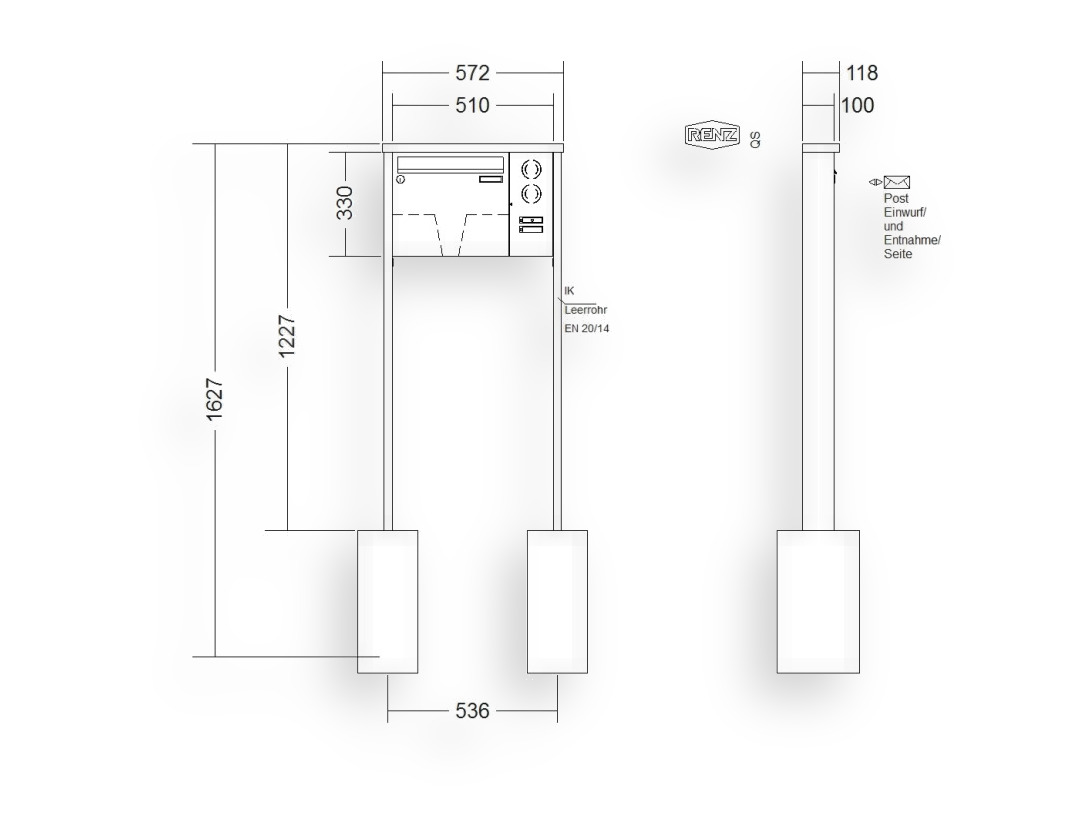 RENZ Briefkastenanlage freistehend · 1-teilig Installationskasten rechts 370 × 330 × 100 mm Edelstahl Tetro RENZ Briefkastenanlage freistehend · 1-teilig Installationskasten rechts 370 × 330 × 100 mm Edelstahl Tetro