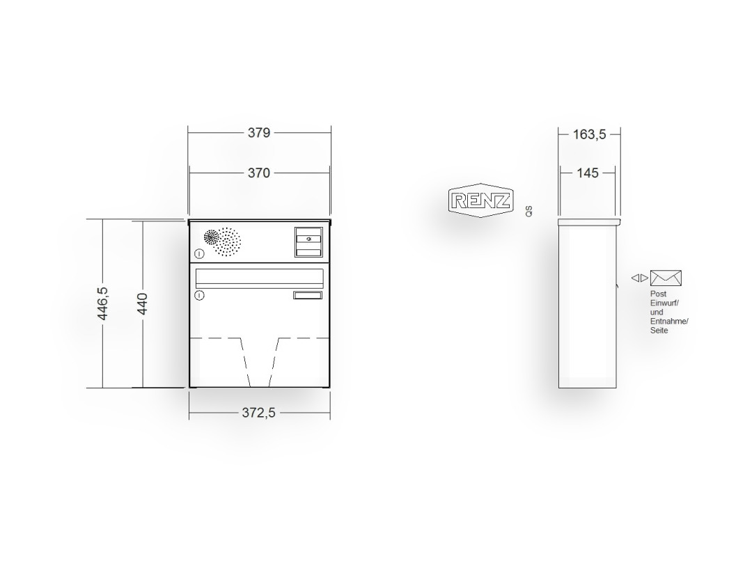 RENZ Briefkastenanlage Aufputz · BASIC (B) · 1-teilig 370 × 330 × 145 mm AP. Typ B Inst. lackiert RENZ Briefkastenanlage Aufputz · BASIC (B) · 1-teilig 370 × 330 × 145 mm AP. Typ B Inst. lackiert