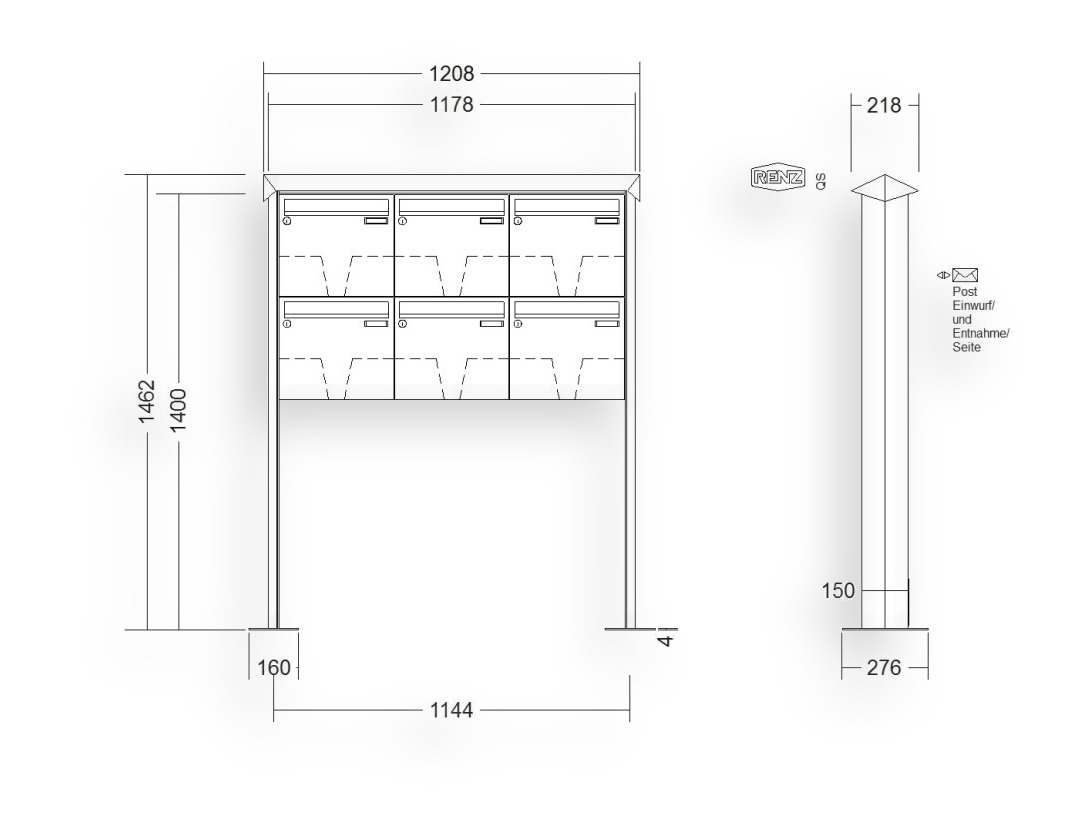 RENZ Briefkastenanlage freistehend · 6-teilig 370 × 330 × 100 mm Edelstahl Prisma mit Fuß