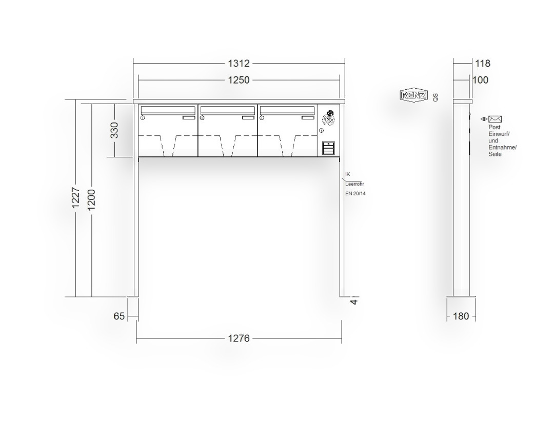 RENZ Briefkastenanlage freistehend · 3-teilig Installationskasten rechts 370 × 330 × 100 mm Tetro lackiert mit Fuß RENZ Briefkastenanlage freistehend · 3-teilig Installationskasten rechts 370 × 330 × 100 mm Tetro lackiert mit Fuß