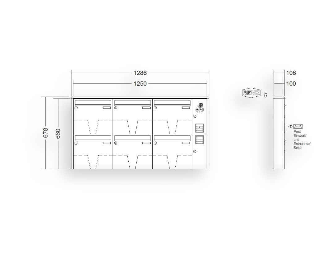 RENZ Briefkastenanlage Aufputz · 6-teilig Installationskasten rechts 370 × 330 × 100 mm QUADRA lackiert RENZ Briefkastenanlage Aufputz · 6-teilig Installationskasten rechts 370 × 330 × 100 mm QUADRA lackiert