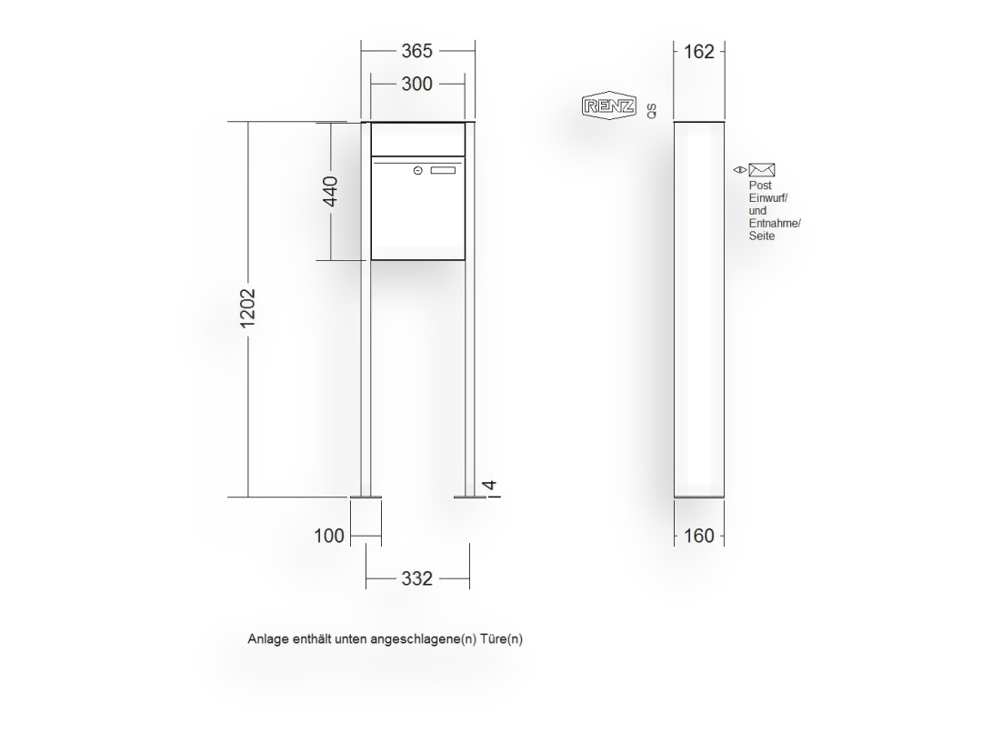 RENZ Briefkastenanlage freistehend · 1-teilig RENZ PLAN 300 × 440 × 160 mm FS Edel. mit Fußplatt RENZ Briefkastenanlage freistehend · 1-teilig RENZ PLAN 300 × 440 × 160 mm FS Edel. mit Fußplatt