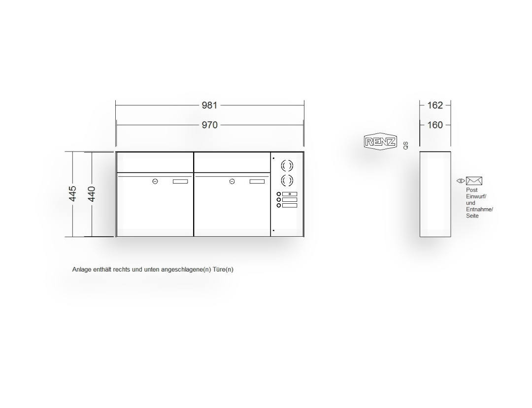 RENZ Briefkastenanlage Aufputz · 2-teilig RENZ PLAN 400 × 440 × 160 mm AP Installationskasten rechts lackiert RENZ Briefkastenanlage Aufputz · 2-teilig RENZ PLAN 400 × 440 × 160 mm AP Installationskasten rechts lackiert
