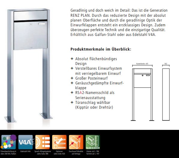 RENZ Plan freistehende Briefkastenanlage – Katalogbild mit absolut planer Oberfläche und Produktmerkmalen