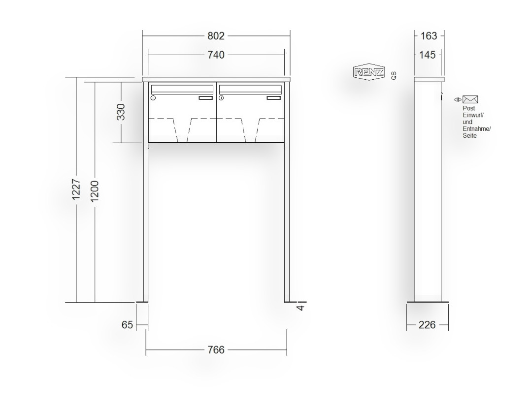 RENZ Briefkastenanlage freistehend · 2-teilig 370 × 330 × 145 mm Tetro lackiert mit Fußplatten RENZ Briefkastenanlage freistehend · 2-teilig 370 × 330 × 145 mm Tetro lackiert mit Fußplatten