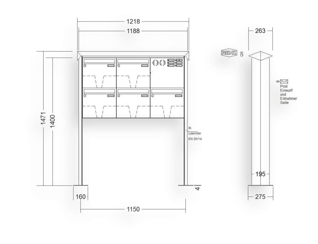 RENZ Briefkastenanlage freistehend · 5-teilig Installationskasten rechts 370 × 330 × 145 mm Edelstahl Prisma mit Fußplat RENZ Briefkastenanlage freistehend · 5-teilig Installationskasten rechts 370 × 330 × 145 mm Edelstahl Prisma mit F