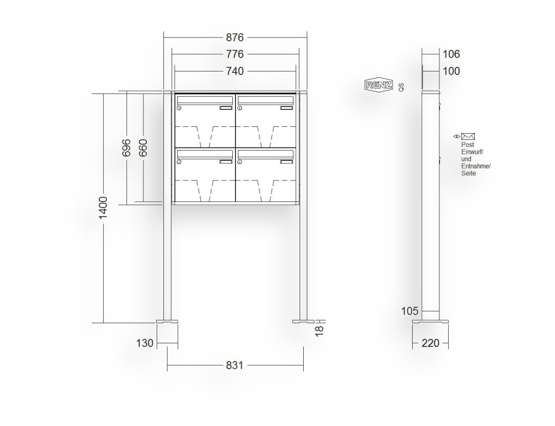 RENZ Briefkastenanlage freistehend · 4-teilig 370 × 330 × 100 mm QUADRA lackiert mit Fußplatten RENZ Briefkastenanlage freistehend · 4-teilig 370 × 330 × 100 mm QUADRA lackiert mit Fußplatten