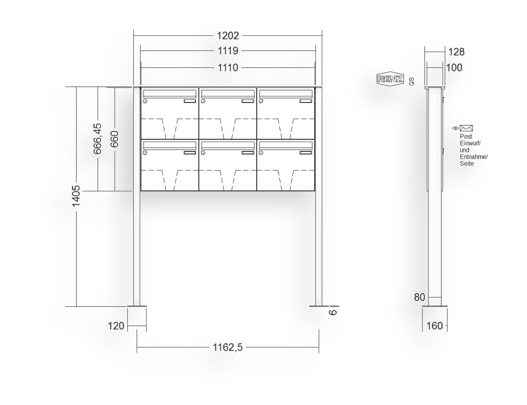 RENZ Briefkastenanlage freistehend · BASIC (B) · 6-teilig 370 × 330 × 100 mm FS. Typ B Edel. mit Fußplatte RENZ Briefkastenanlage freistehend · BASIC (B) · 6-teilig 370 × 330 × 100 mm FS. Typ B Edel. mit Fußplatte