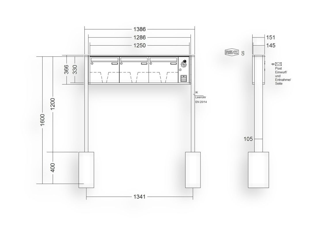RENZ Briefkastenanlage freistehend · 3-teilig Installationskasten rechts 370 × 330 × 145 mm QUADRA lackiert