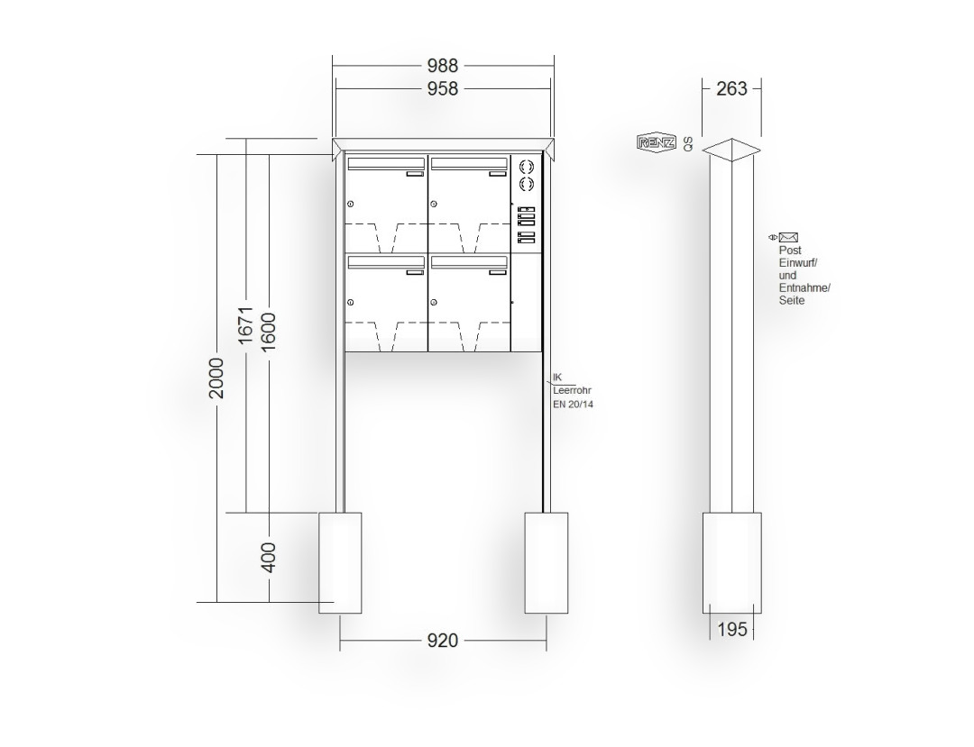 RENZ Briefkastenanlage freistehend · 4-teilig Installationskasten rechts 370 × 440 × 145 mm Edelstahl Prisma