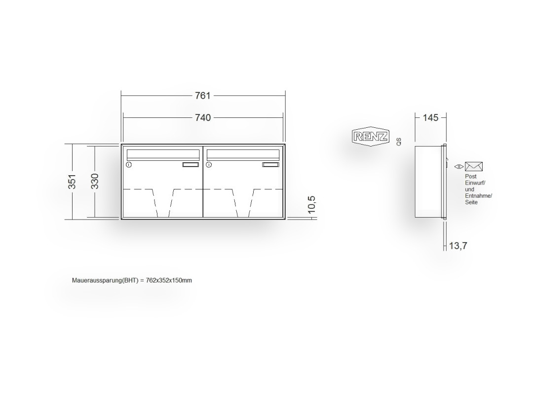 RENZ Briefkastenanlage Unterputz · 2-teilig 370 × 330 × 145 mm Anp. Schattenfugenrahmen la RENZ Briefkastenanlage Unterputz · 2-teilig 370 × 330 × 145 mm Anp. Schattenfugenrahmen la