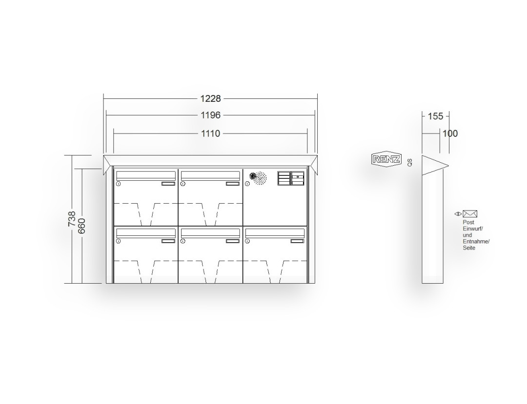 RENZ Briefkastenanlage Aufputz · 5-teilig Installationskasten rechts 370 × 330 × 100 mm Prisma lackiert RENZ Briefkastenanlage Aufputz · 5-teilig Installationskasten rechts 370 × 330 × 100 mm Prisma lackiert