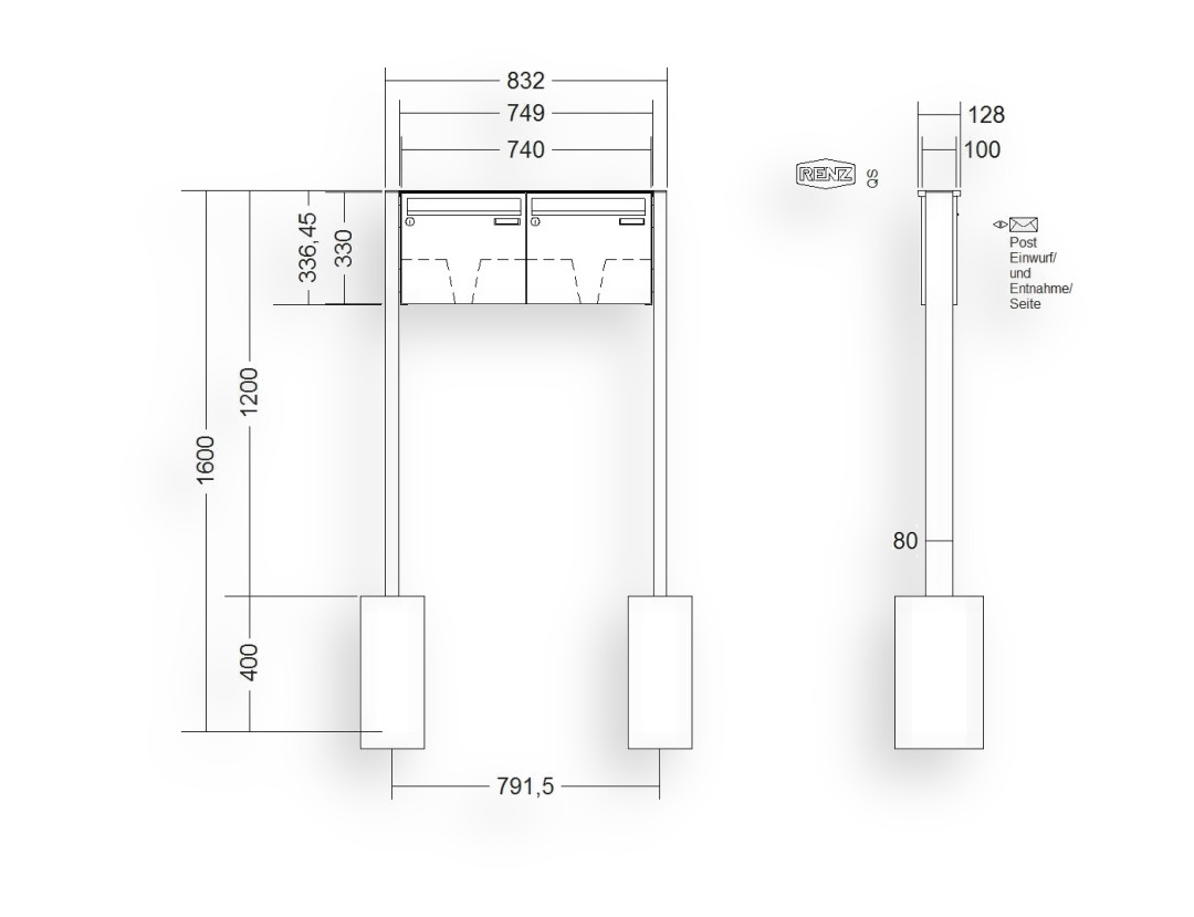 RENZ Briefkastenanlage freistehend · BASIC (B) · 2-teilig 370 × 330 × 100 mm FS. Typ B Edel RENZ Briefkastenanlage freistehend · BASIC (B) · 2-teilig 370 × 330 × 100 mm FS. Typ B Edel