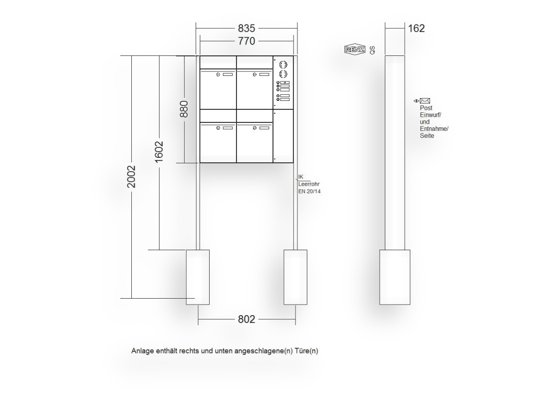 RENZ Briefkastenanlage freistehend · 4-teilig RENZ PLAN 300 × 440 × 160 mm FS Installationskasten rechts lackiert RENZ Briefkastenanlage freistehend · 4-teilig RENZ PLAN 300 × 440 × 160 mm FS Installationskasten rechts lackiert