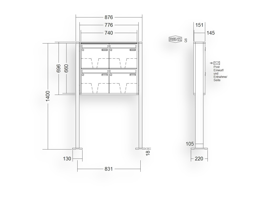 RENZ Briefkastenanlage freistehend · 4-teilig 370 × 330 × 145 mm QUADRA lackiert mit Fußplatten RENZ Briefkastenanlage freistehend · 4-teilig 370 × 330 × 145 mm QUADRA lackiert mit Fußplatten