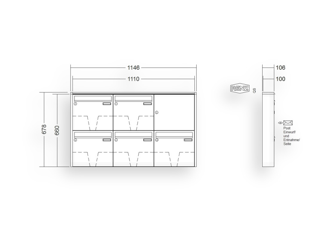 RENZ Briefkastenanlage Aufputz · 5-teilig 370 × 330 × 100 mm QUADRA lackiert RENZ Briefkastenanlage Aufputz · 5-teilig 370 × 330 × 100 mm QUADRA lackiert