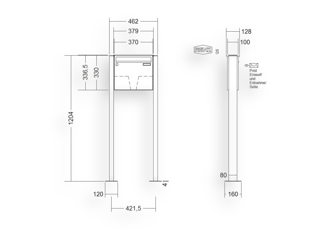 RENZ Briefkastenanlage freistehend · BASIC (B) · 1-teilig 370 × 330 × 100 mm FS. Typ B lackiert mit Fußplatte RENZ Briefkastenanlage freistehend · BASIC (B) · 1-teilig 370 × 330 × 100 mm FS. Typ B lackiert mit Fußplatte