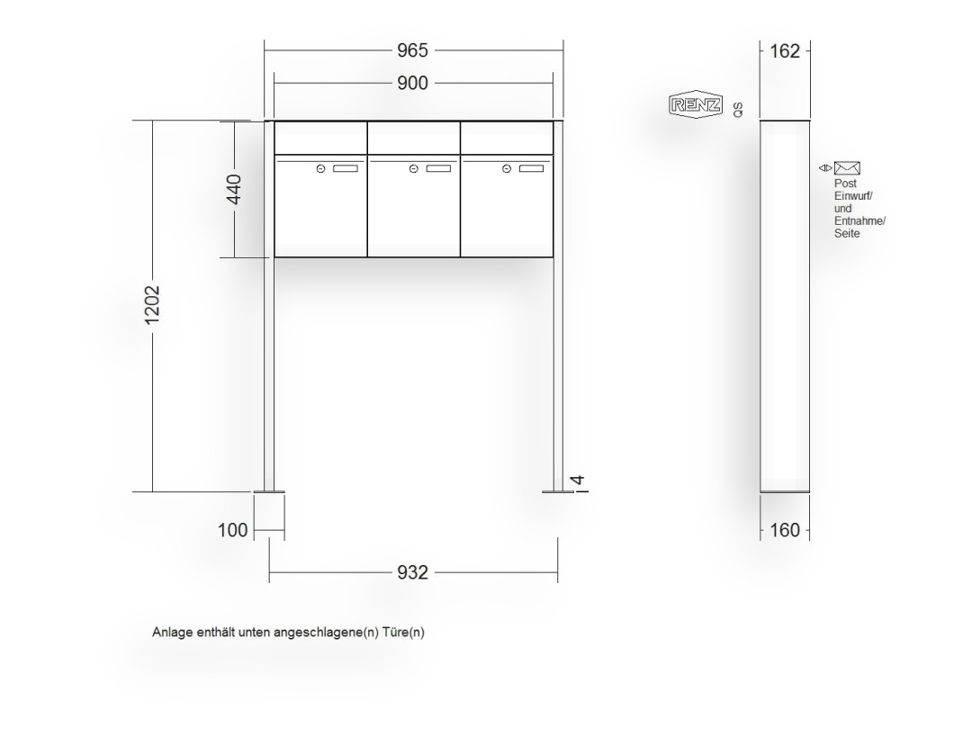 RENZ Briefkastenanlage freistehend · 3-teilig RENZ PLAN 300 × 440 × 160 mm FS lackiert mit Fußplatt RENZ Briefkastenanlage freistehend · 3-teilig RENZ PLAN 300 × 440 × 160 mm FS lackiert mit Fußplatt