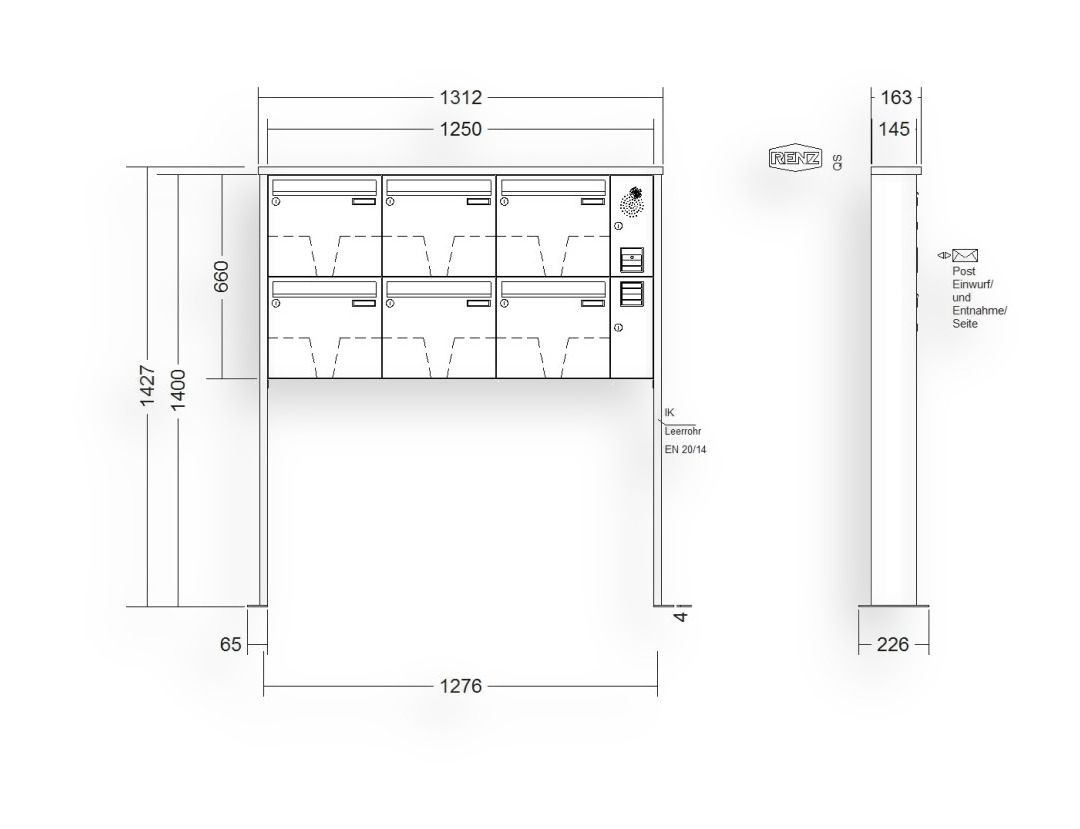 RENZ Briefkastenanlage freistehend · 6-teilig Installationskasten rechts 370 × 330 × 145 mm Tetro lackiert mit Fuß RENZ Briefkastenanlage freistehend · 6-teilig Installationskasten rechts 370 × 330 × 145 mm Tetro lackiert mit Fuß