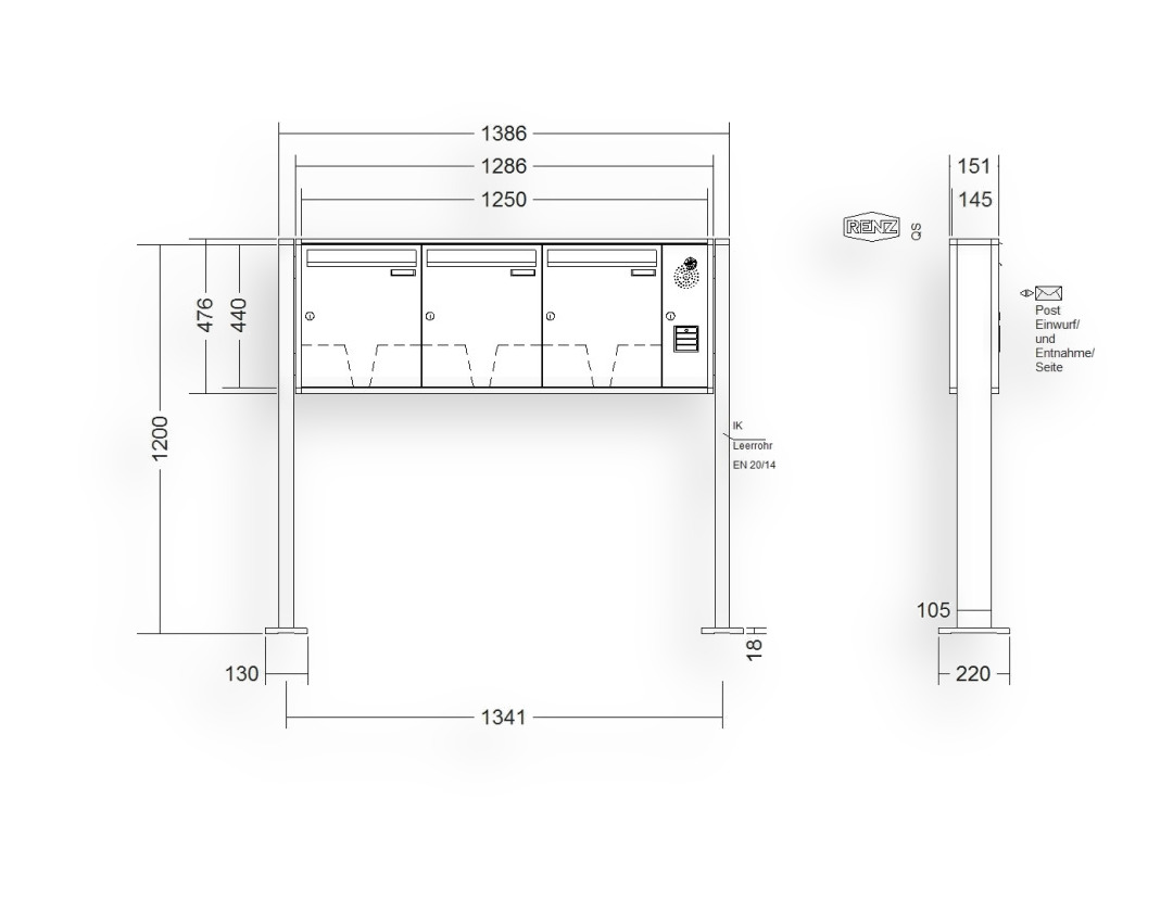 RENZ Briefkastenanlage freistehend · 3-teilig Installationskasten rechts 370 × 440 × 145 mm QUADRA lackiert mit Fuß RENZ Briefkastenanlage freistehend · 3-teilig Installationskasten rechts 370 × 440 × 145 mm QUADRA lackiert mit Fuß
