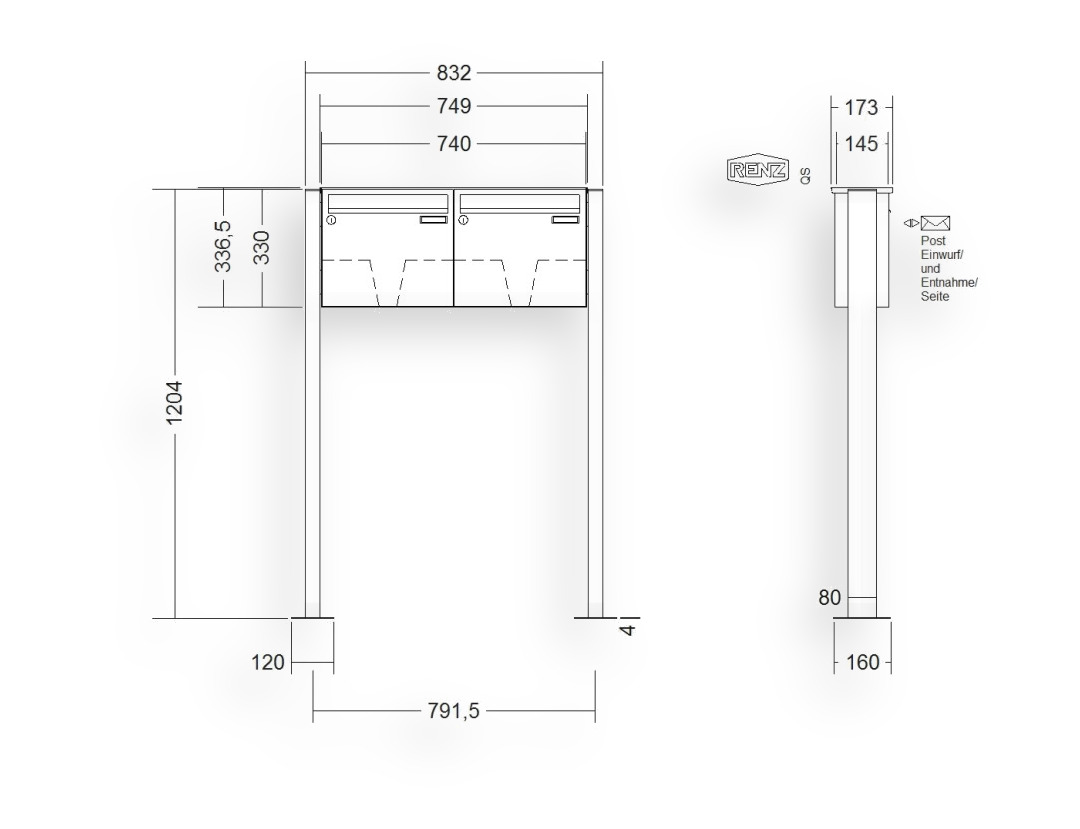 RENZ Briefkastenanlage freistehend · BASIC (B) · 2-teilig 370 × 330 × 145 mm FS. Typ B lackiert mit Fußplatte RENZ Briefkastenanlage freistehend · BASIC (B) · 2-teilig 370 × 330 × 145 mm FS. Typ B lackiert mit Fußplatte
