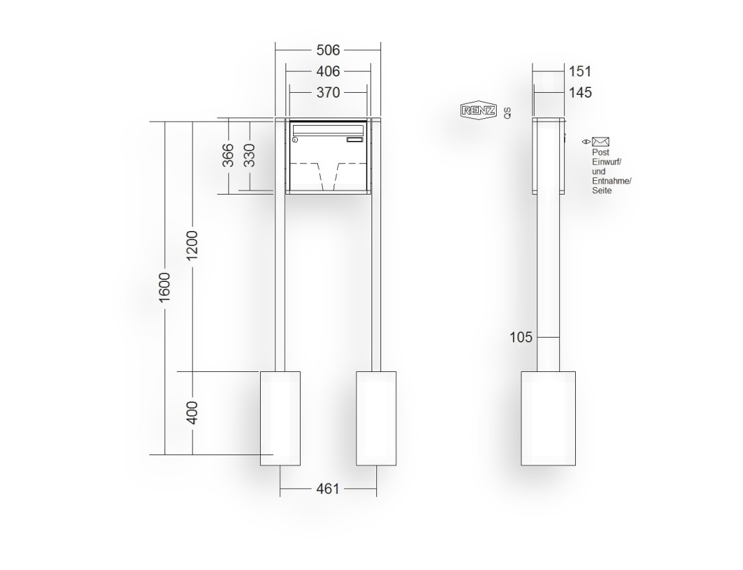 RENZ Briefkastenanlage freistehend · 1-teilig 370 × 330 × 145 mm QUADRA lackiert