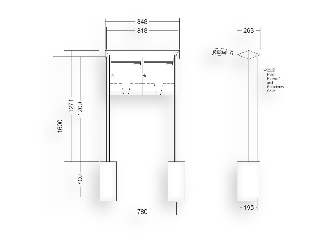 RENZ Briefkastenanlage freistehend · 2-teilig 370 × 440 × 145 mm Edelstahl Prisma RENZ Briefkastenanlage freistehend · 2-teilig 370 × 440 × 145 mm Edelstahl Prisma