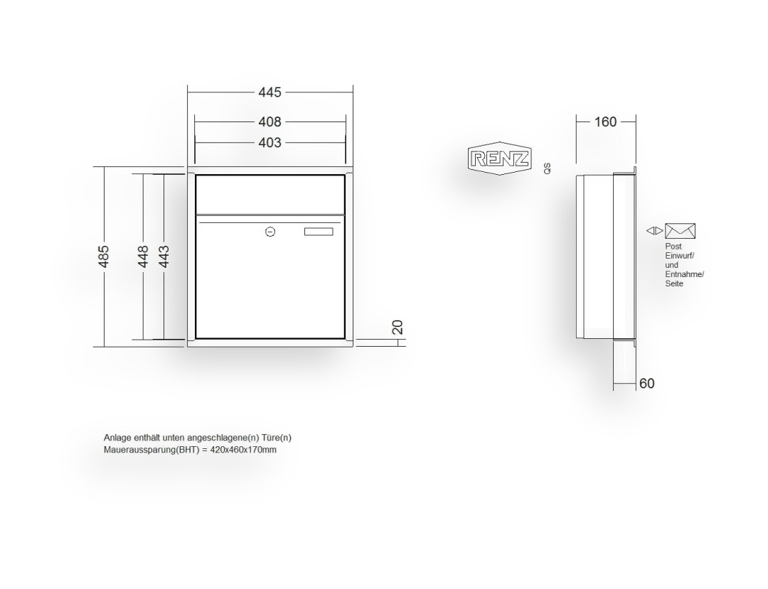 RENZ Briefkastenanlage Unterputz · 1-teilig RENZ PLAN 400 × 440 × 160 mm UP Edelstahl RENZ Briefkastenanlage Unterputz · 1-teilig RENZ PLAN 400 × 440 × 160 mm UP Edelstahl