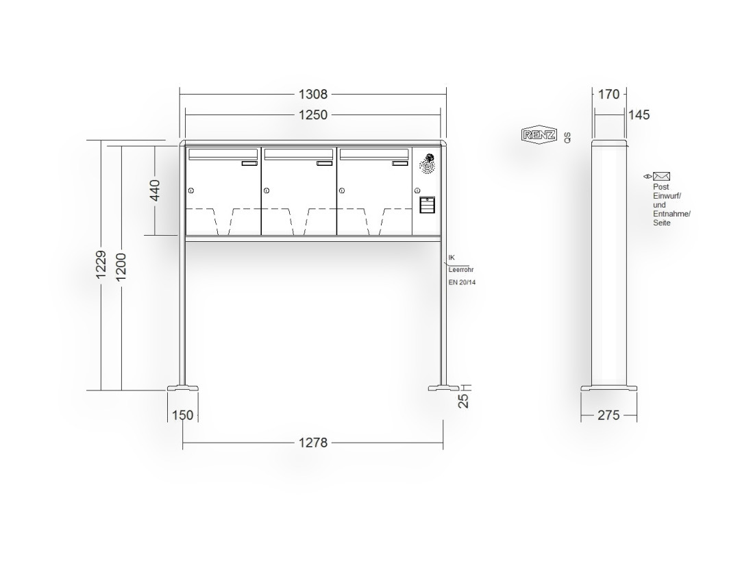 RENZ Briefkastenanlage freistehend · 3-teilig Installationskasten rechts 370 × 440 × 145 mm RS 2000 lackiert mit Fuß RENZ Briefkastenanlage freistehend · 3-teilig Installationskasten rechts 370 × 440 × 145 mm RS 2000 lackiert mit F
