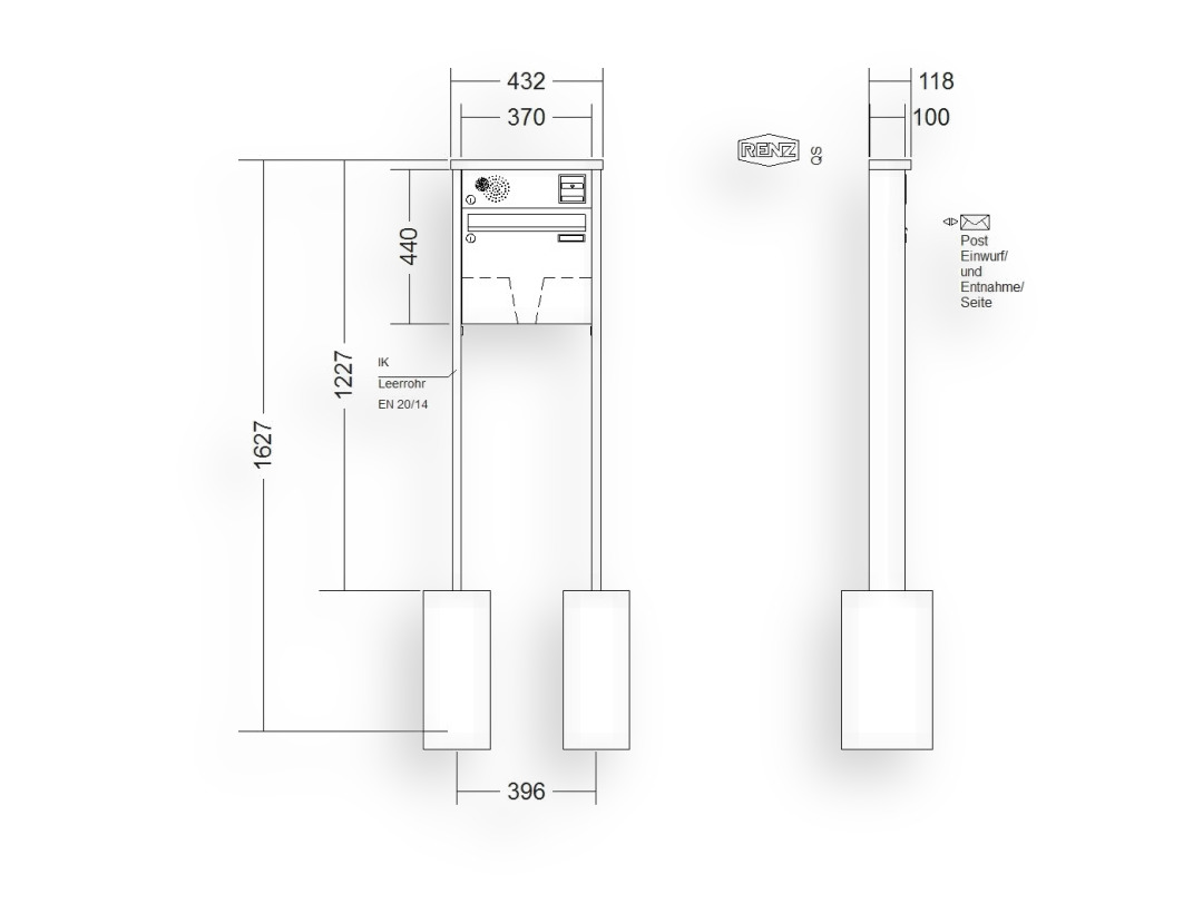 RENZ Briefkastenanlage freistehend · 1-teilig Installationskasten oben 370 × 330 × 100 mm Tetro lackiert