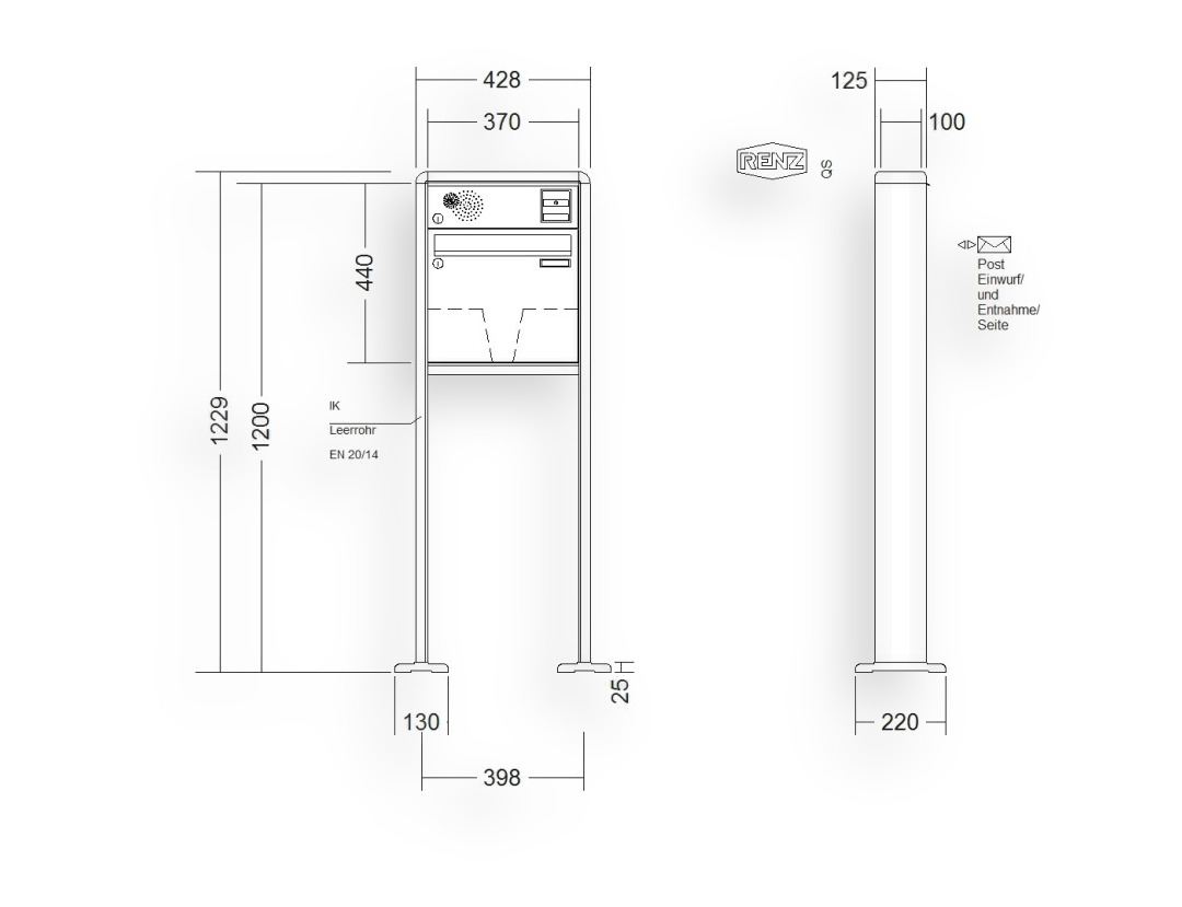 RENZ Briefkastenanlage freistehend · 1-teilig Installationskasten oben 370 × 330 × 100 mm RS 2000 lackiert mit Fuß RENZ Briefkastenanlage freistehend · 1-teilig Installationskasten oben 370 × 330 × 100 mm RS 2000 lackiert mit Fuß