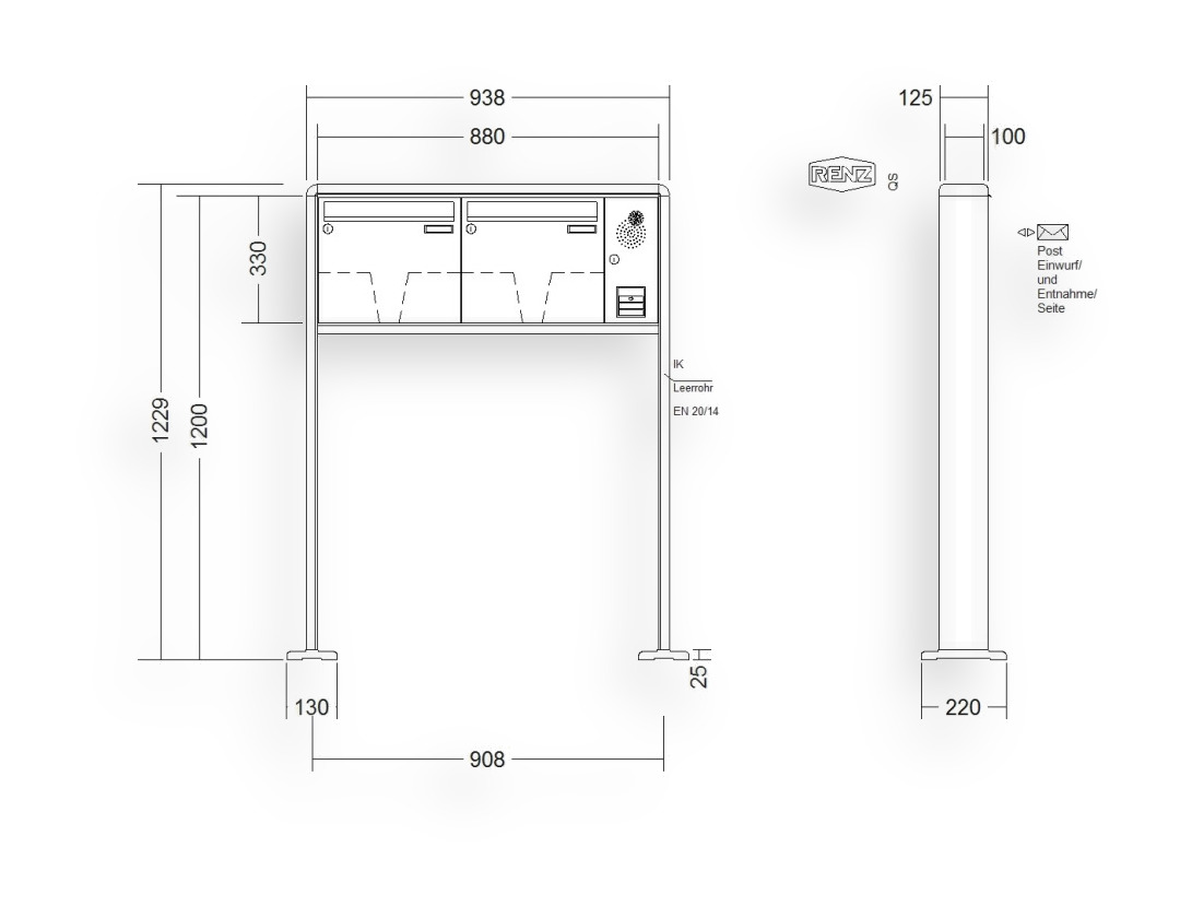 RENZ Briefkastenanlage freistehend · 2-teilig Installationskasten rechts 370 × 330 × 100 mm RS 2000 lackiert mit Fuß RENZ Briefkastenanlage freistehend · 2-teilig Installationskasten rechts 370 × 330 × 100 mm RS 2000 lackiert mit F