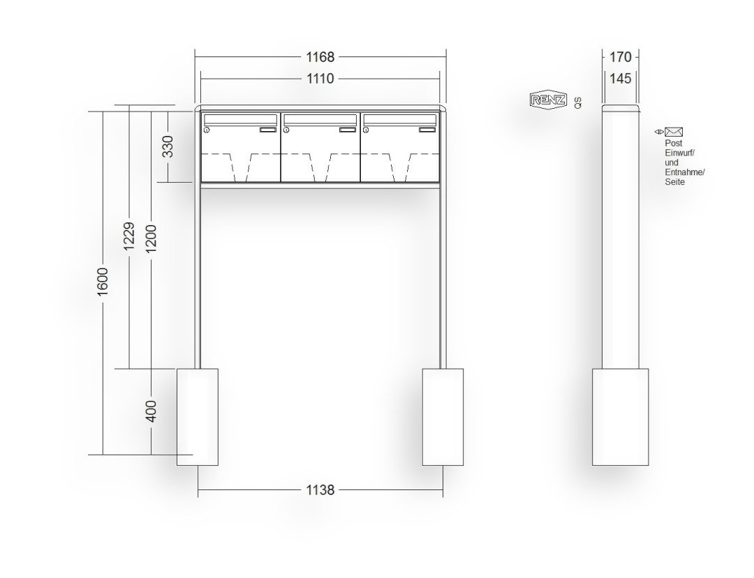 RENZ Briefkastenanlage freistehend · 3-teilig 370 × 330 × 145 mm RS 2000 lackiert RENZ Briefkastenanlage freistehend · 3-teilig 370 × 330 × 145 mm RS 2000 lackiert