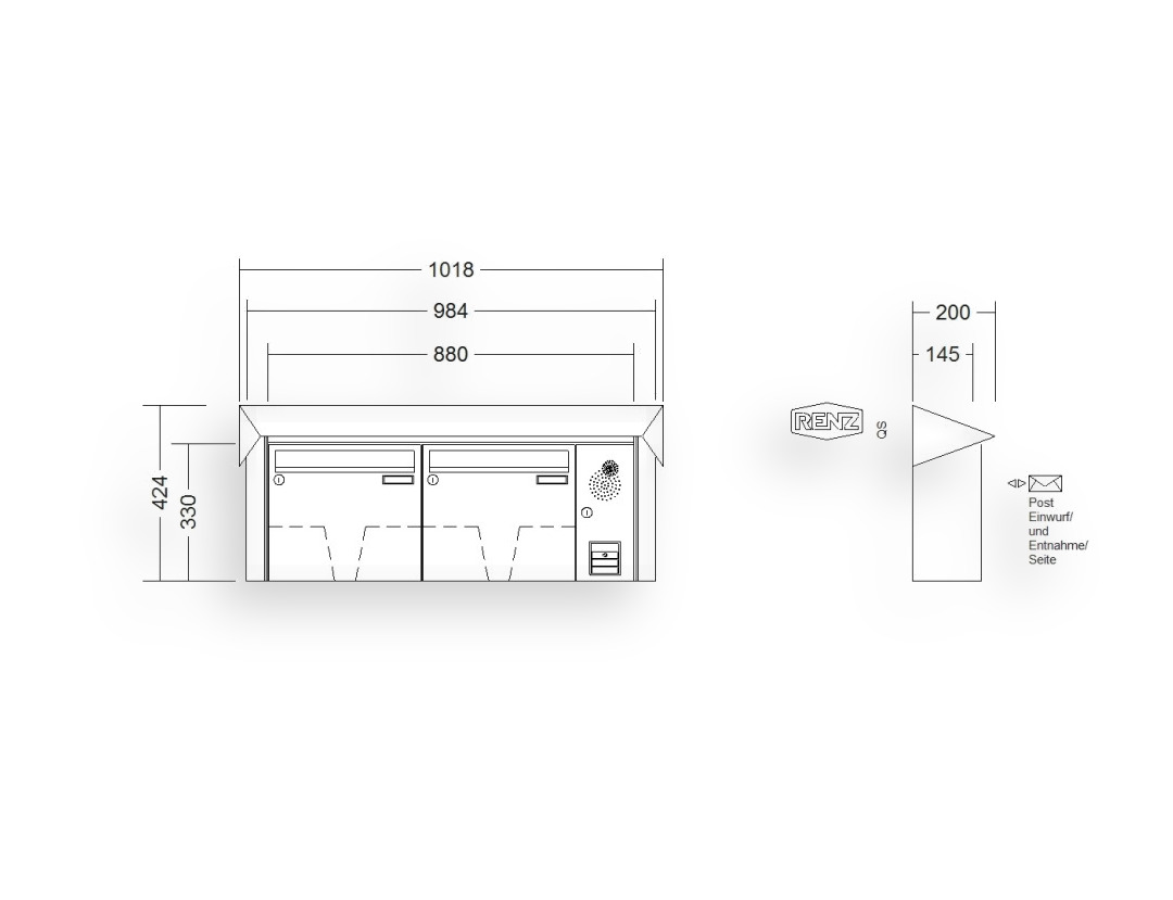 RENZ Briefkastenanlage Aufputz · 2-teilig Installationskasten rechts 370 × 330 × 145 mm Prisma lackiert RENZ Briefkastenanlage Aufputz · 2-teilig Installationskasten rechts 370 × 330 × 145 mm Prisma lackiert