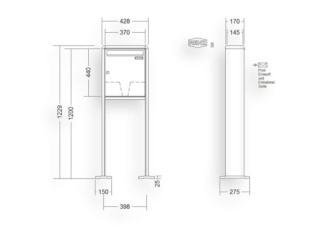 RENZ Briefkastenanlage freistehend · 1-teilig 370 × 440 × 145 mm RS 2000 lackiert mit Fuß RENZ Briefkastenanlage freistehend · 1-teilig 370 × 440 × 145 mm RS 2000 lackiert mit Fuß