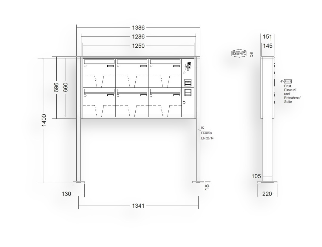 RENZ Briefkastenanlage freistehend · 6-teilig Installationskasten rechts 370 × 330 × 145 mm QUADRA lackiert mit Fußp RENZ Briefkastenanlage freistehend · 6-teilig Installationskasten rechts 370 × 330 × 145 mm QUADRA lackiert mit Fu