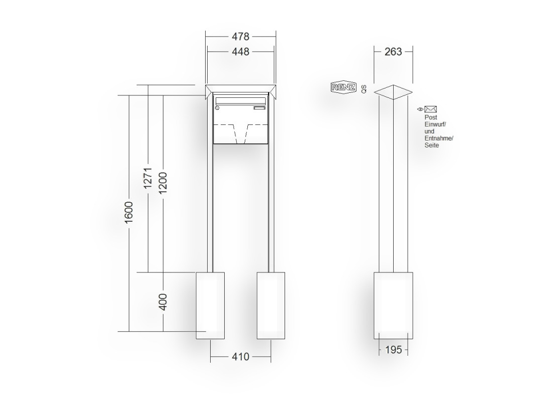 RENZ Briefkastenanlage freistehend · 1-teilig 370 × 330 × 145 mm Edelstahl Prisma RENZ Briefkastenanlage freistehend · 1-teilig 370 × 330 × 145 mm Edelstahl Prisma